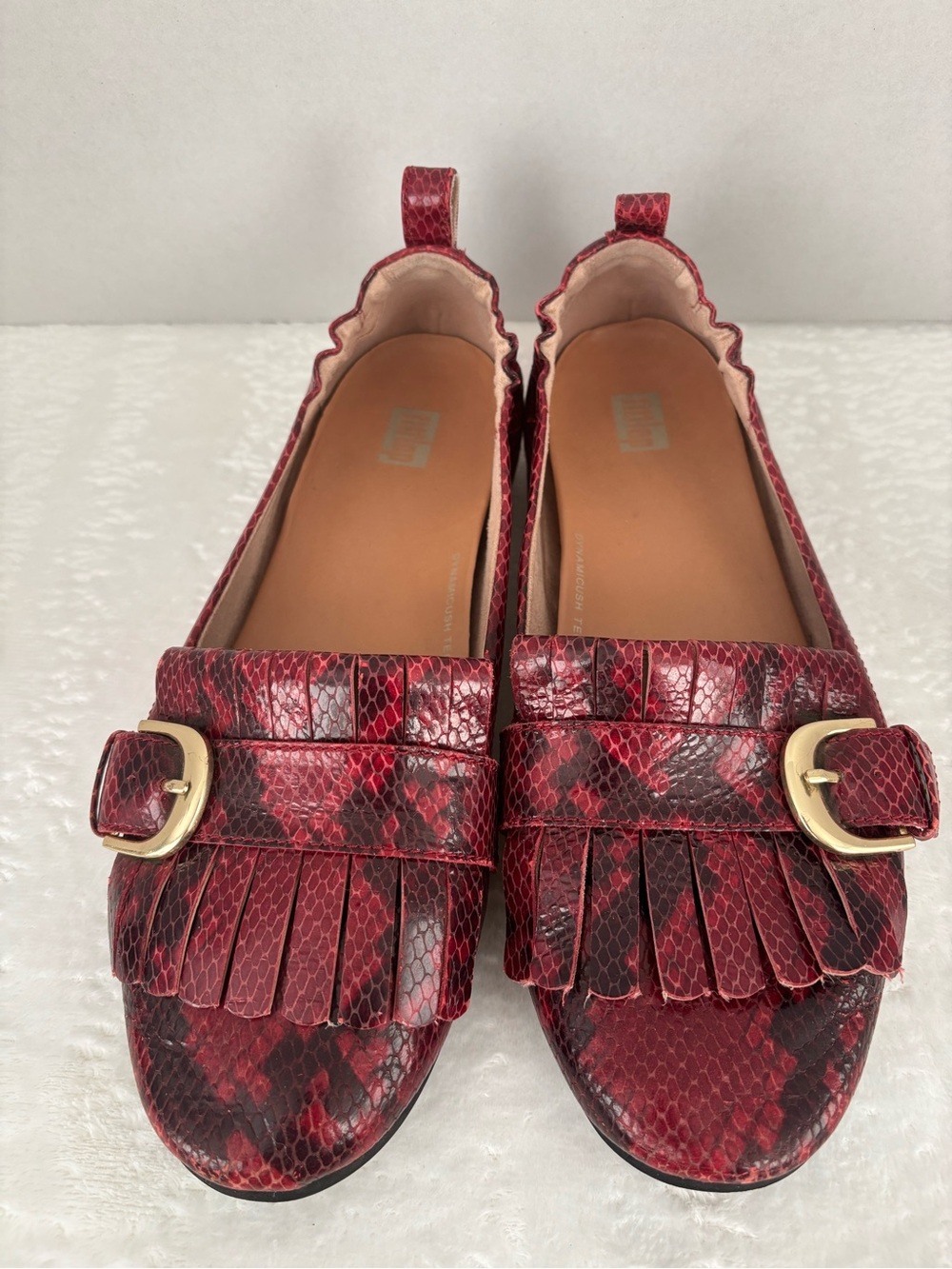 Fitflops Red Snake-Print Fringe Loafers with Gold Buckle
